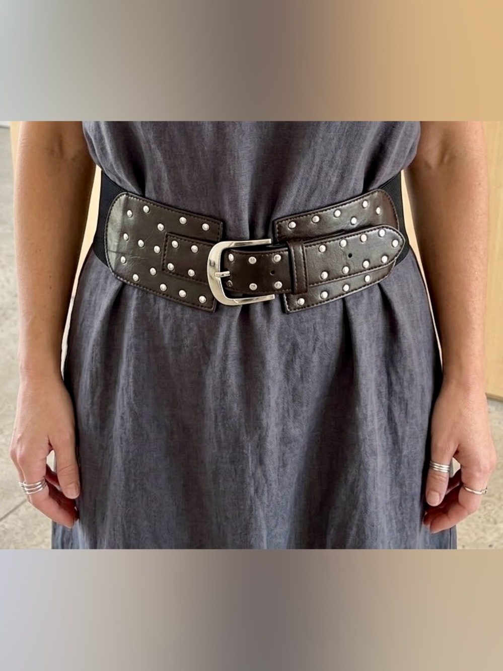 Dark Brown Studded Wide Elastic Stretch Waist Belt | Y2K Punk Goth Cinch Belt